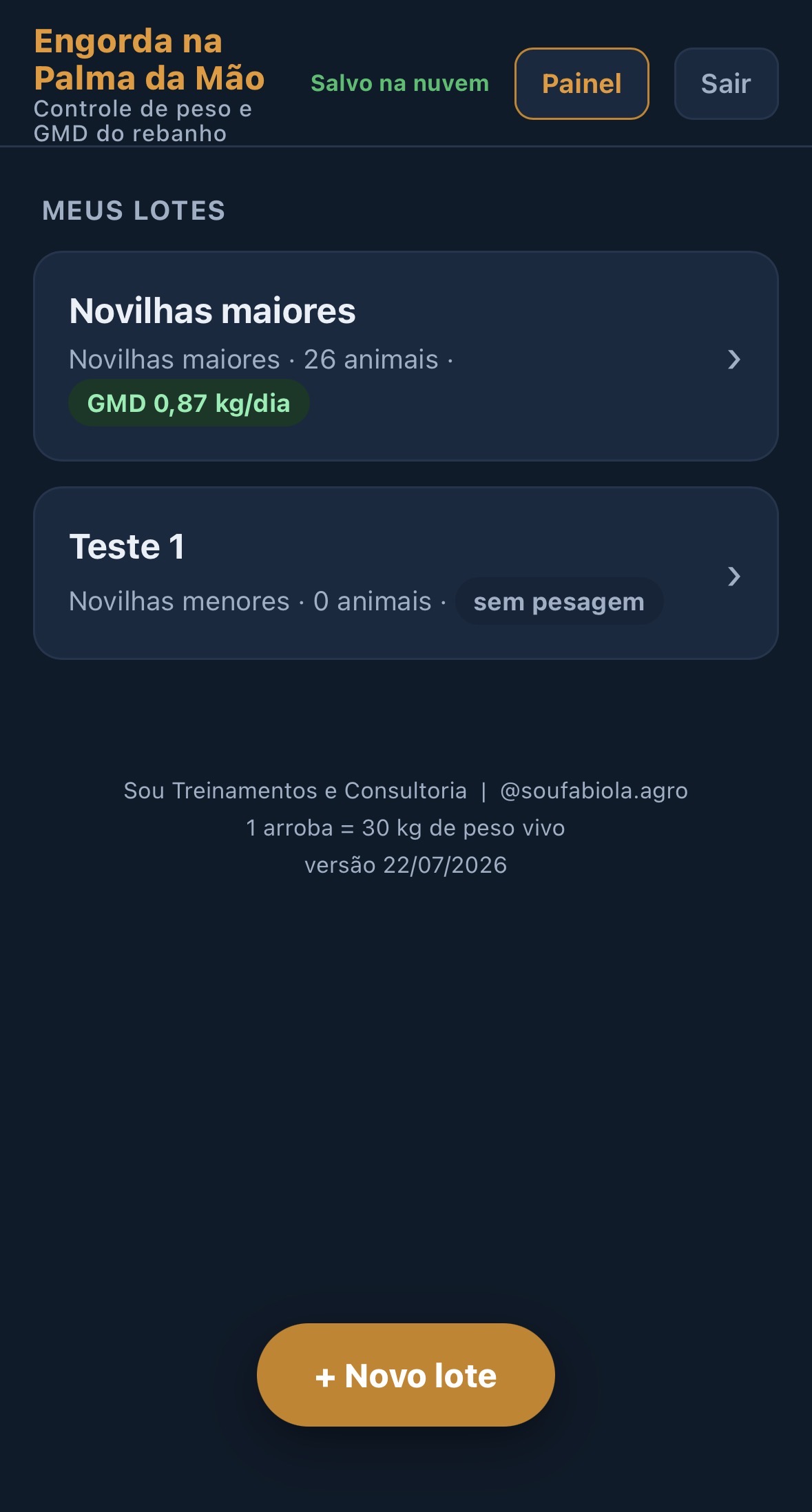 Tela Meus Lotes do aplicativo Engorda na Palma da Mao